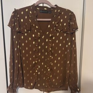New York & Company Brown Cream Ruffled Blouse